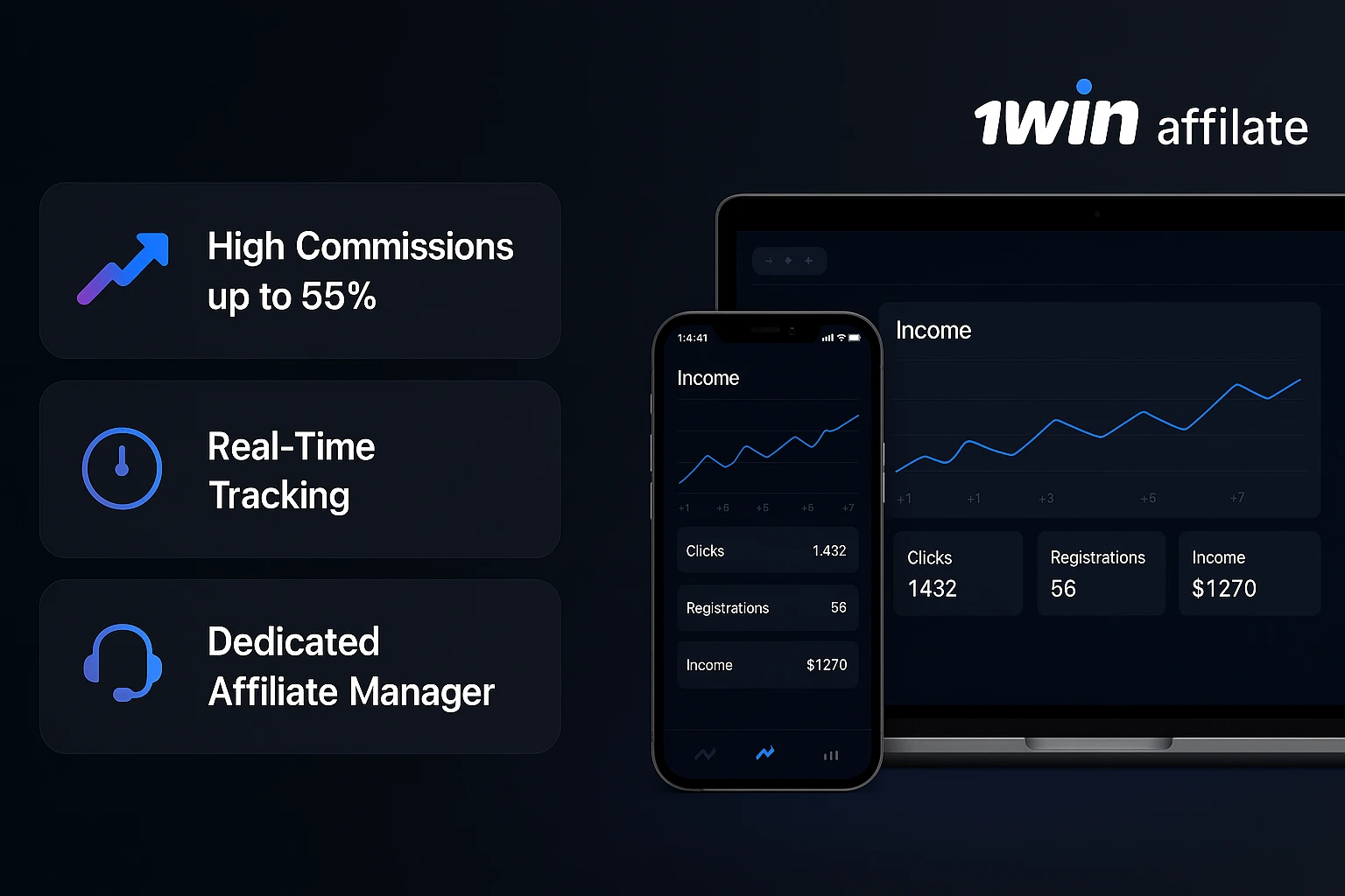 Manage campaigns with the 1win partner app for real-time tracking and notifications.